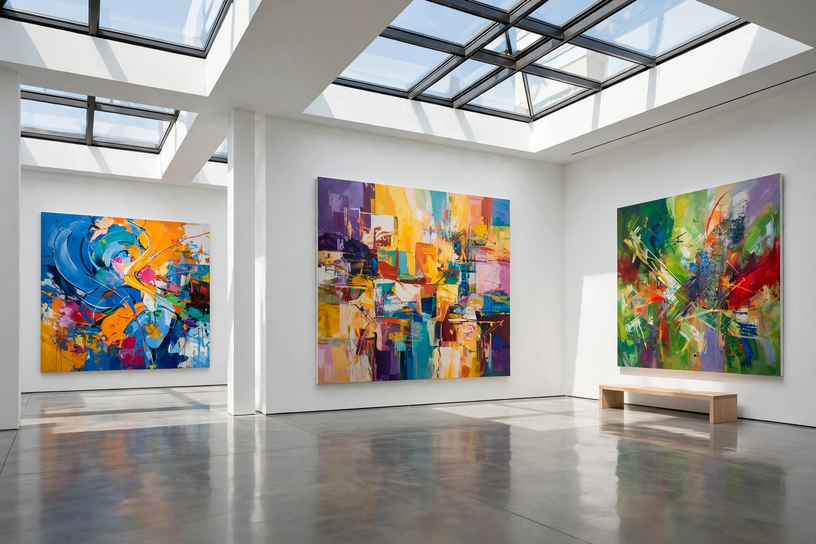 Colorful modern abstract art displayed in a contemporary gallery, showcasing 2026 abstract art trends