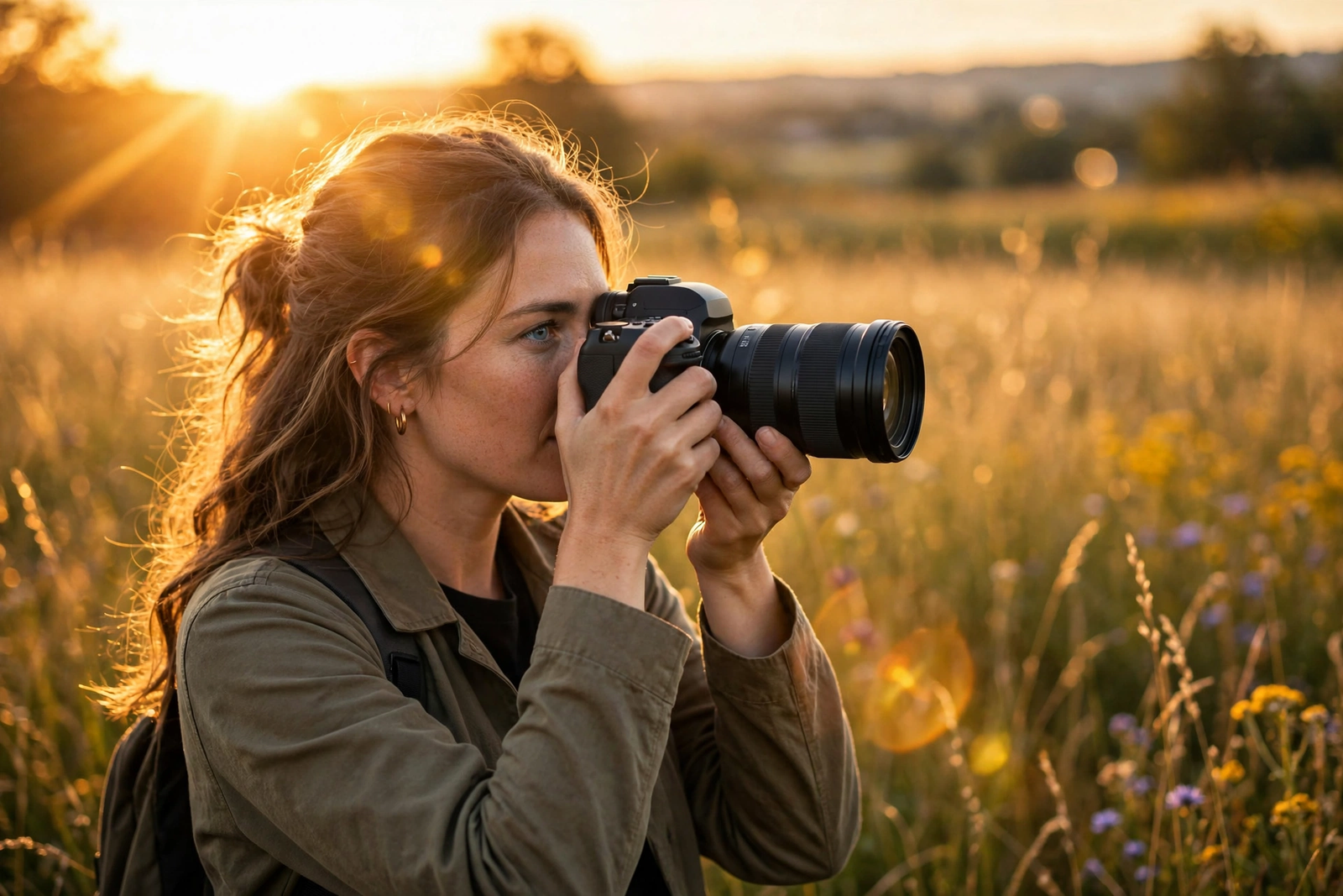 Photographer capturing golden hour photography at sunset with warm light