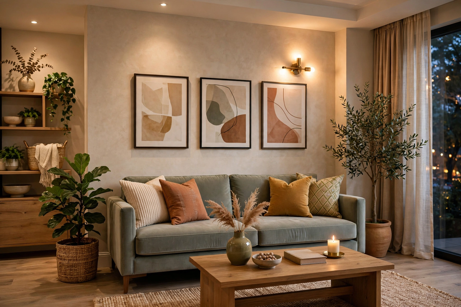 Elegant living room makeover with modern furniture and warm lighting