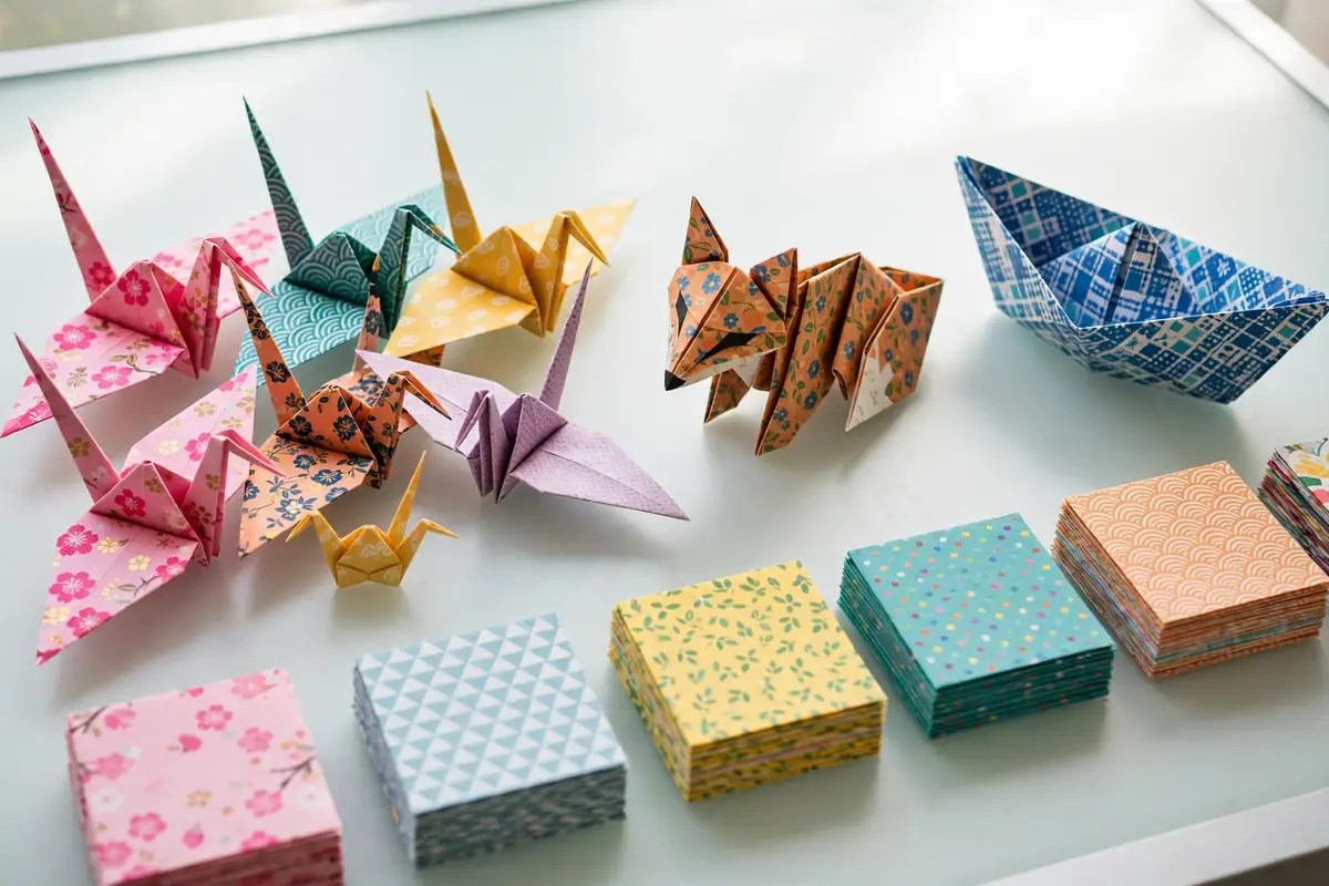 Colorful origami paper cranes, a fox, and a boat folded from patterned paper, with stacks of square origami paper for beginners