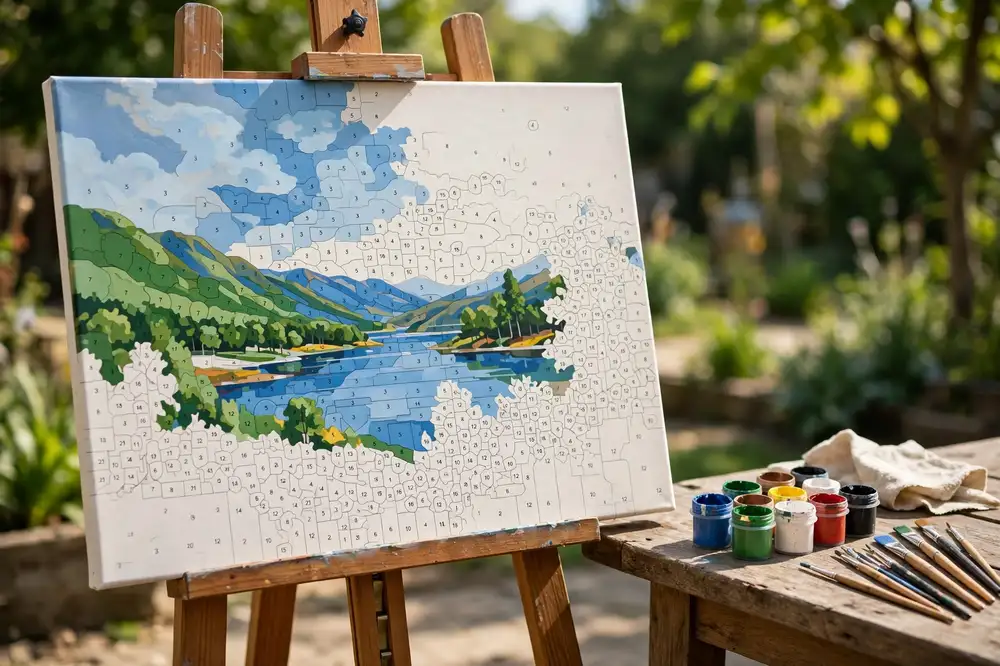 Paint by numbers canvas with numbered sections, paint pots, and fine brushes on a table