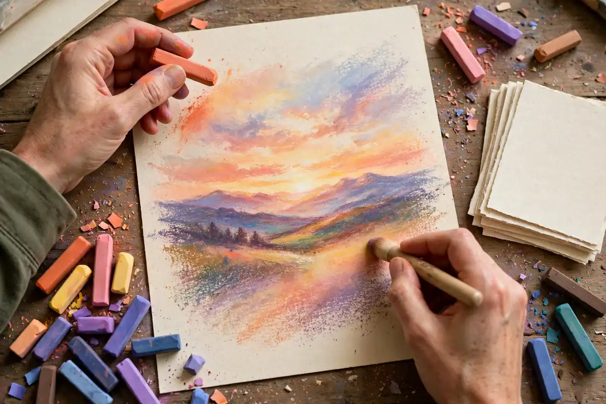 An artist's hands blending soft pastel sticks on textured paper to create a colorful sunset landscape drawing on a wooden table