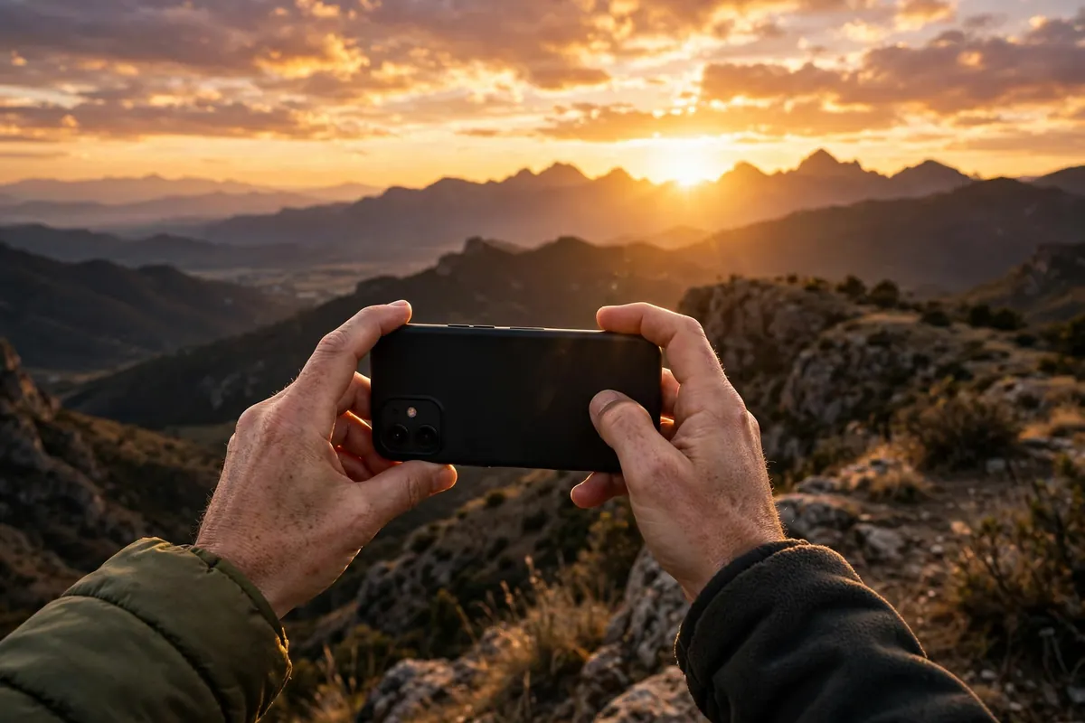 Person holding a smartphone photographing a sunset mountain landscape at golden hour — phone photography tips
