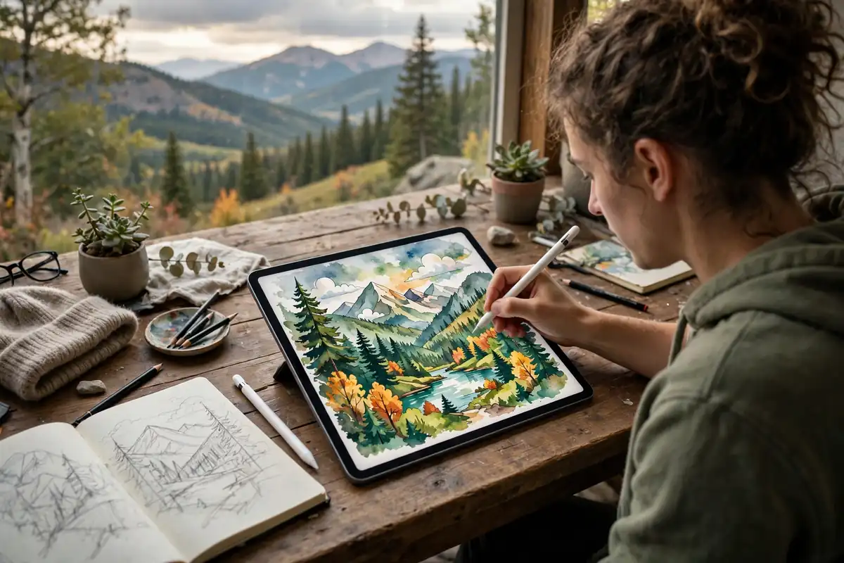 Person drawing with a stylus on a tablet showing a colorful digital illustration — Procreate drawing tutorial for beginners