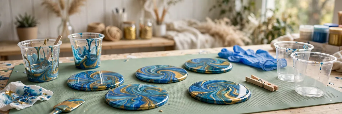 Glossy blue and gold epoxy resin art coasters drying on a silicone mat — resin art for beginners