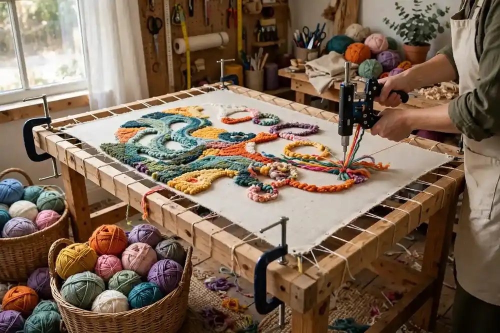 A tufting gun working colorful wool yarn into cloth on a wooden frame in a bright workshop