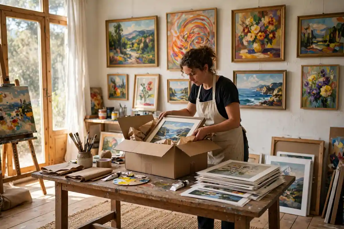 Artist packing a framed painting into a shipping box in a bright studio gallery — how to sell art online