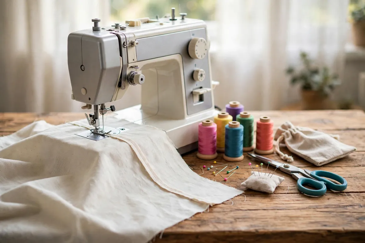 A sewing machine stitching cotton fabric with spools of colorful thread and scissors on a wooden table