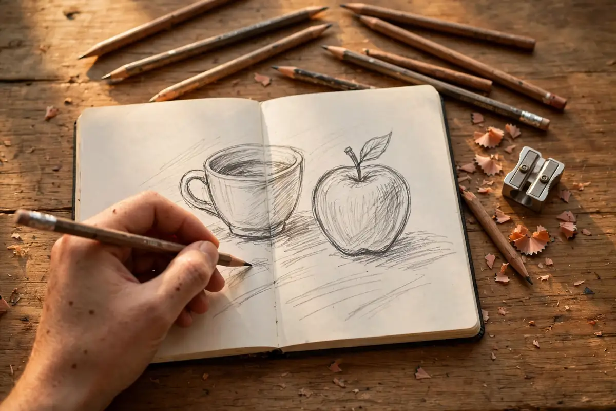 A beginner sketching a coffee cup and an apple in a sketchbook with graphite pencils, a sharpener, and pencil shavings on a wooden desk