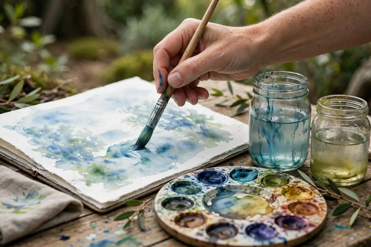 Artist painting watercolor washes with a brush on paper, palette and water jars nearby — watercolor techniques for beginners